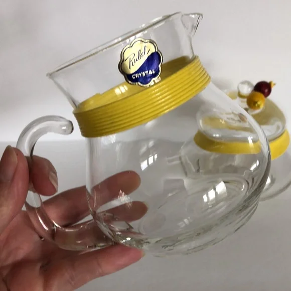 Vintage Rubel Crystal Retro Sugar Creamer  Yellow Banding Trim And Wood Beads - Picture 3 of 15